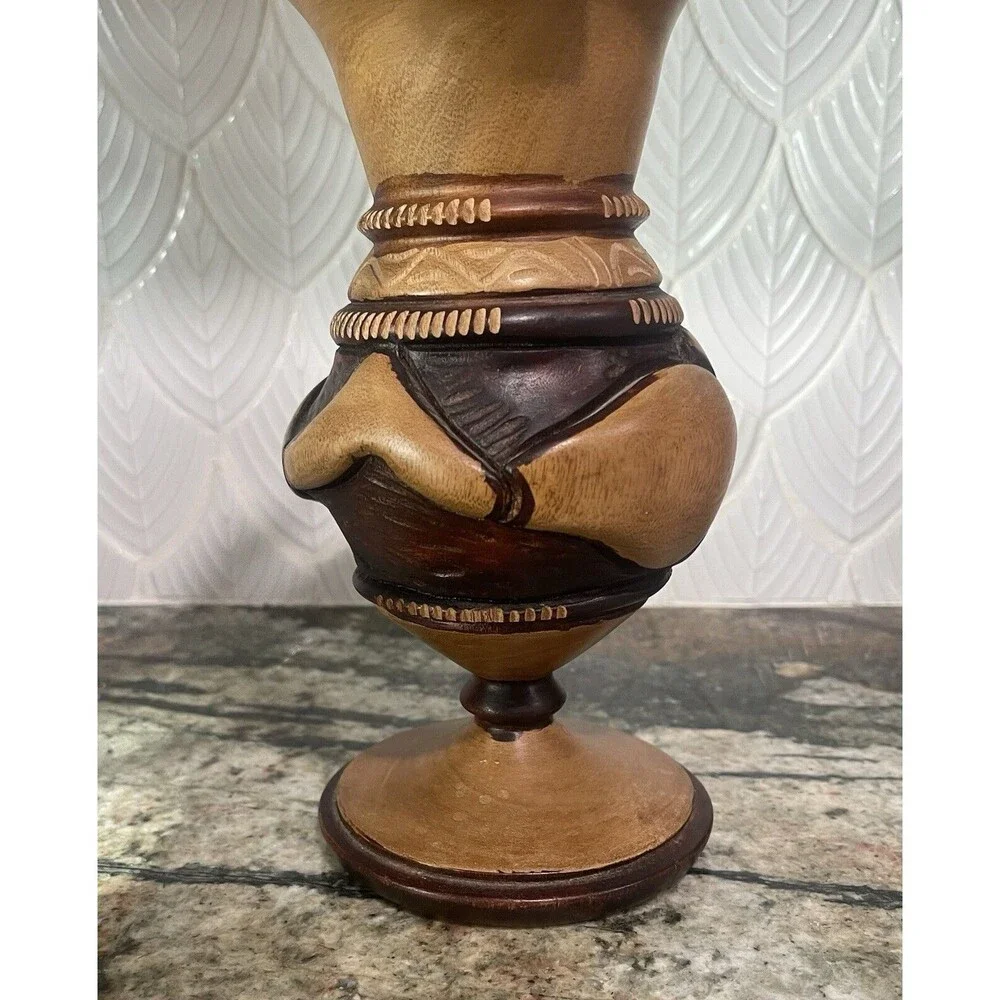 Wood Carved Vase Snake Eating Tail Design